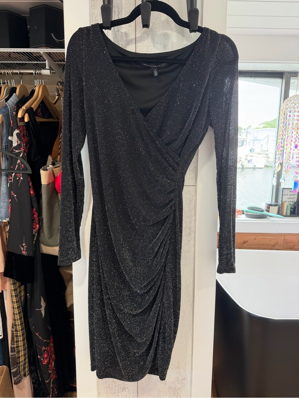 White House Black Market Black Glitter Long-Sleeve Ruched Wrap Dress